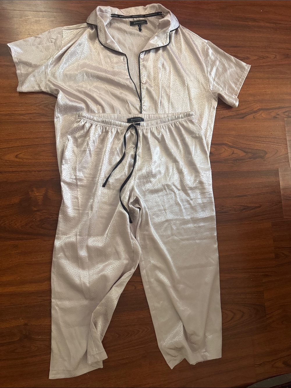 BCBGMaxAzria Silver Satin Pajama Top with Black Piping